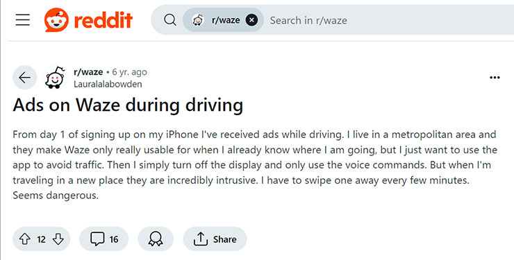 Reddit 六年前就有討論串提到 Waze 的內置廣告形式