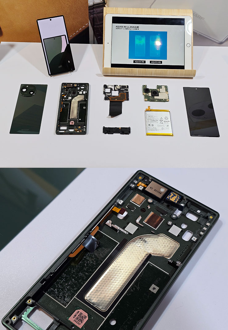 台灣夏普推出 AQUOS R9 徠卡機與超強悍入門機 AQUOS wish4,在台設立手機維修中心強化服務網! - 阿祥的網路筆記本 AQUOS R9 為系列作首度搭載「超導熱板」的手機,現場有機身拆解展示,可以看到面積極大的超導熱板。
