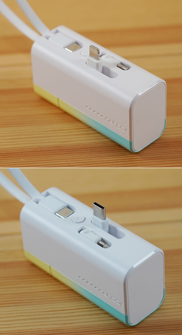 Mood 小日子雙充頭口袋行動電源的可收納式雙充電頭可以輕鬆翻折出來並連結手機使用，同時支援 Lightning 與 USB TYPE-C 也大大增加充電時的泛用性。