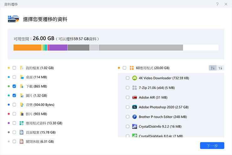 這時系統會進行 C 槽內資料組成的分析，並秀出可以遷移的資料量，並將不同類別、應用程式佔用的資料詳列於下方，我們可透過勾選來選擇要移動到其他分割區或磁碟的資料類型或是應用程式資料。