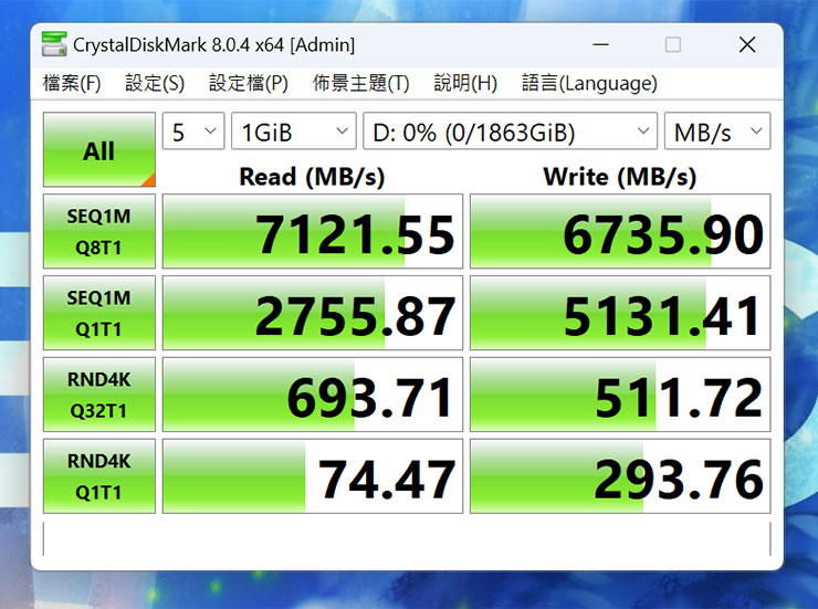 透過 CrystalDiskMark 進行 T-Force G70 Pro 的跑分，循序讀取為 7121.55 MB/s，循序寫入為 6735.9 MB/s，表現與官方標示規格相符。