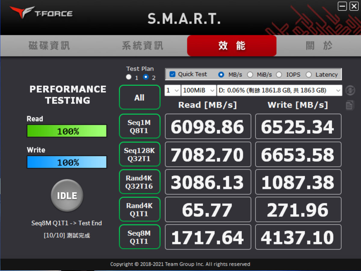 同時也有效能測試工具，可隨時確認 SSD 的效能表現是否正常。