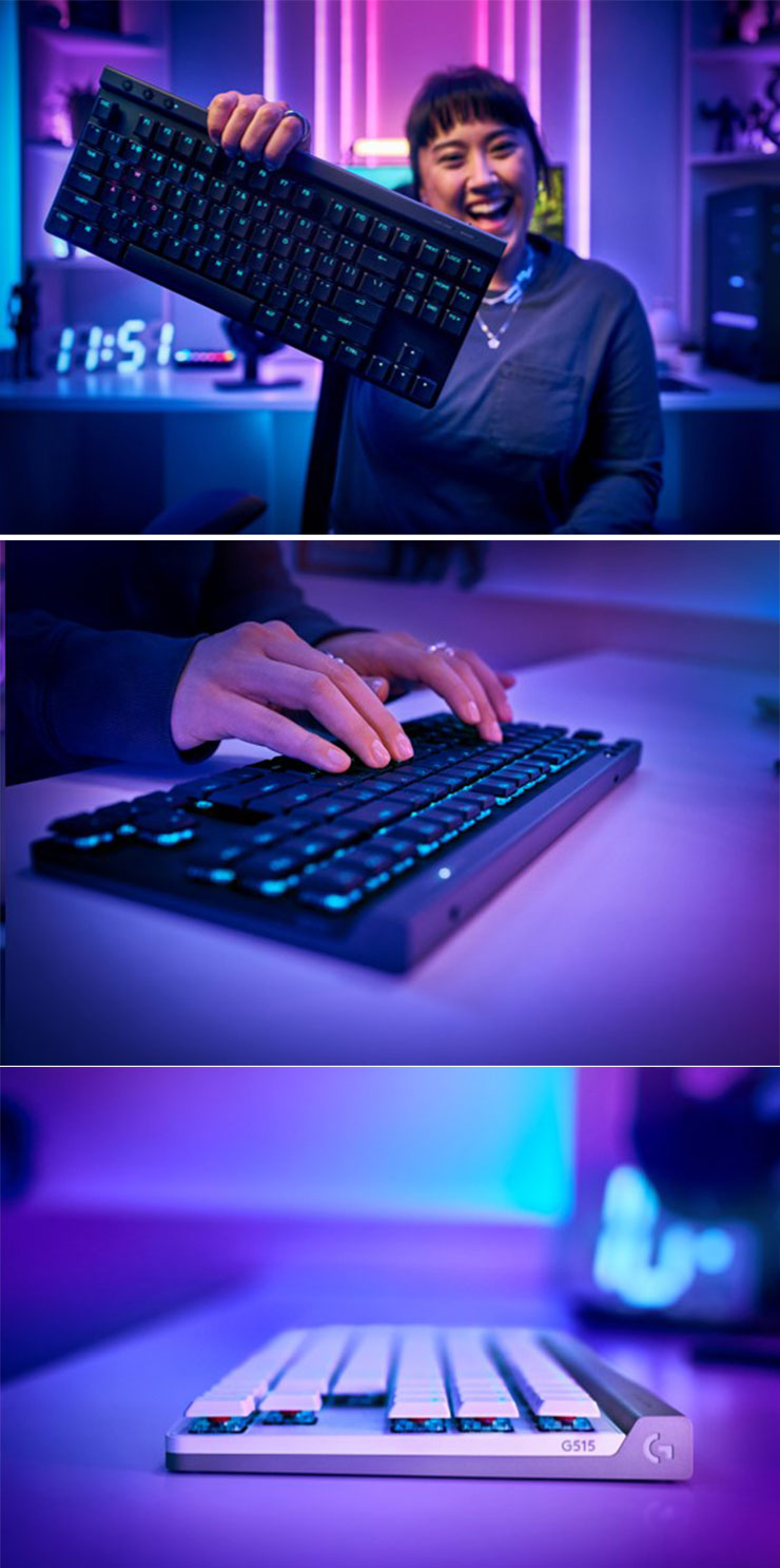 G515 LIGHTSPEED TKL無線遊戲鍵22釐米的輕薄設計，並加入新一代隔音層提升打字與遊戲體驗