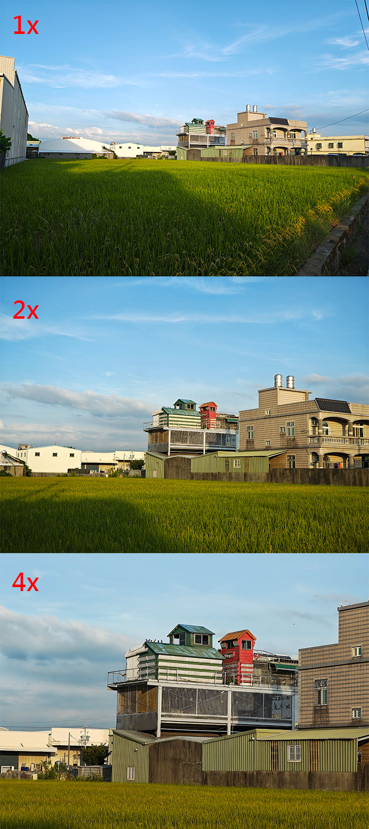 Motorola razr 50 Ultra 預設 1x、2x 與 4x 三個焦段，上面為實際的取景範圍。