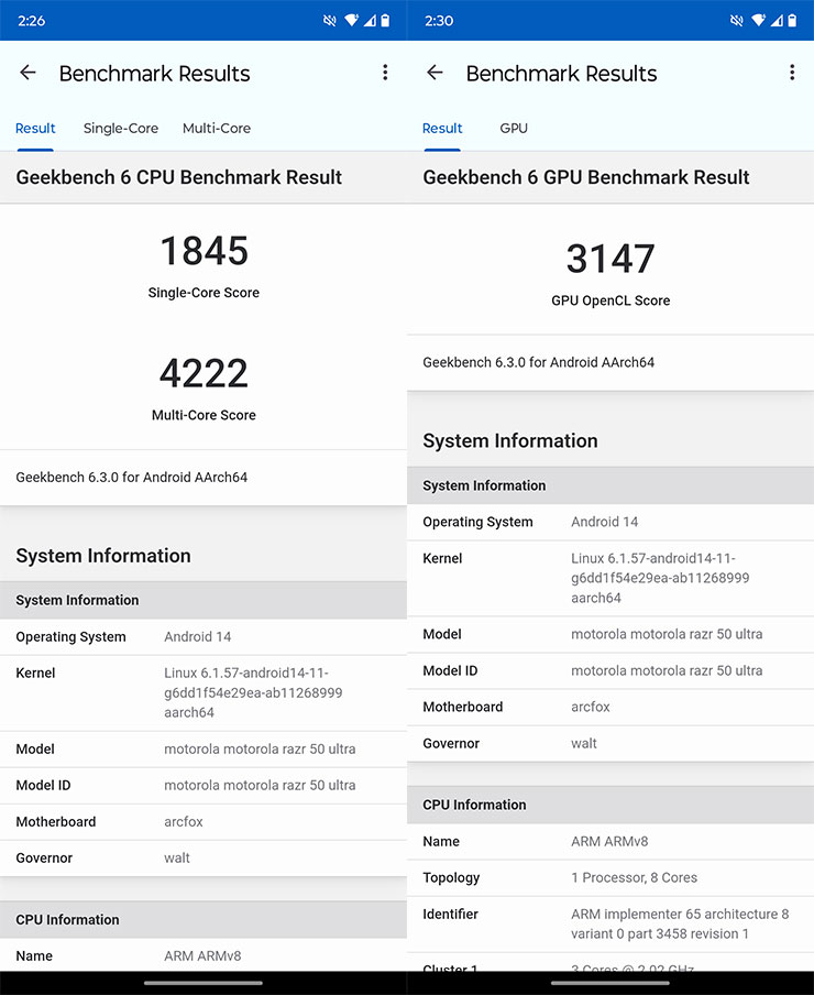 透過 Geekbench 6 跑分，單核獲得 1845 分、多核獲得 4222 分，GPU 分數為 3147 分。
