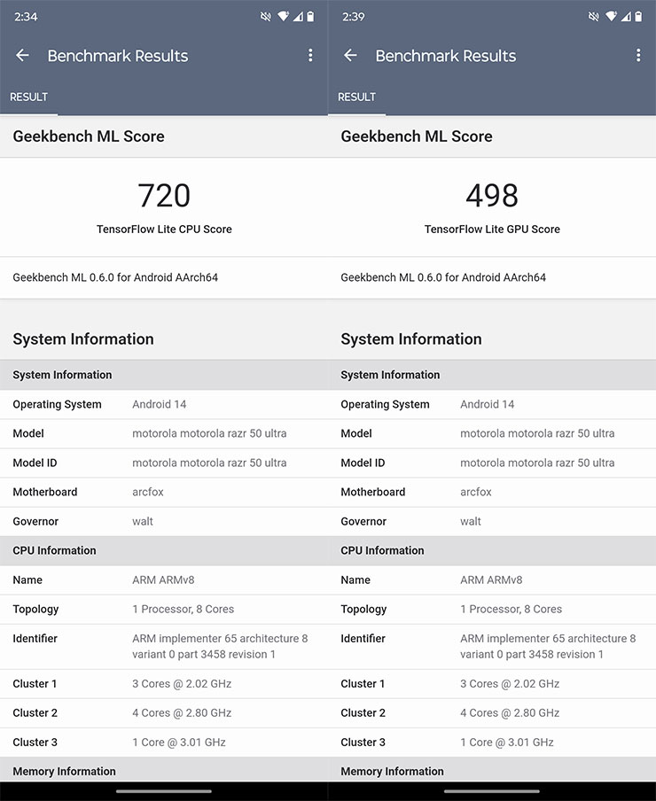 透過 Geekbench ML 評測 AI 運算能力，CPU 獲得 720 分，GPU 獲得 498 分。