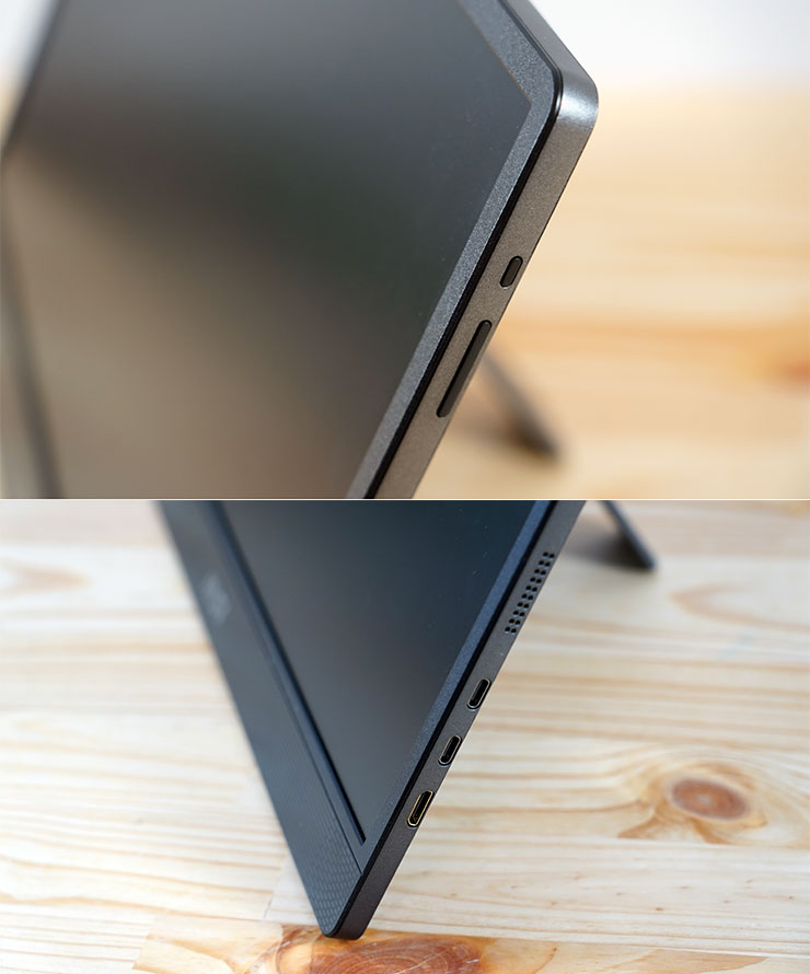 MSI PRO MP161 E2U 的按鍵與連結埠皆集中於機身右側，分別有 OSD 鍵、音量調整鍵（螢幕同樣有內建揚聲器）與兩組 USB-C 埠與一組 mini LED 埠。