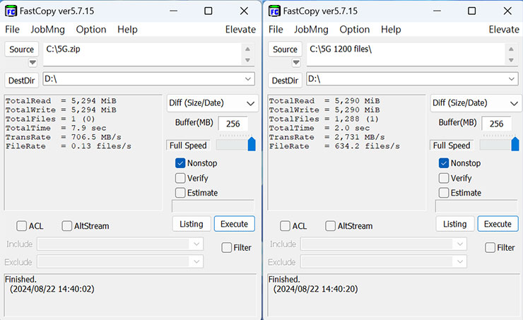 十銓 TEAMGROUP MP44Q M.2 PCIe 4.0 SSD 開箱實測:頂尖效能表現,石墨烯散熱標籤兼顧穩定性! - 阿祥的網路筆記本 透過 FastCopy 進行大檔讀寫測試,圖左為單檔 5GB 檔案傳輸,平均傳輸速度為 706.5 MB/s;圖右為多檔 5GB 檔案傳輸,平均傳輸速度為 2,731 MB/s。