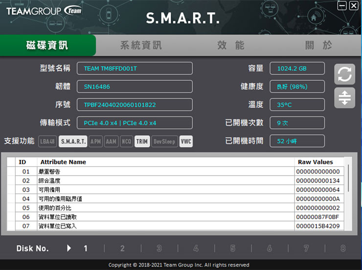 十銓 TEAMGROUP MP44Q M.2 PCIe 4.0 SSD 開箱實測:頂尖效能表現,石墨烯散熱標籤兼顧穩定性! - 阿祥的網路筆記本 阿祥也推薦大家可以搭配十銓原廠的 S.M.A.R.T. 工具,方便掌握系統碰碟資訊,包括主要的規格與運行狀態。