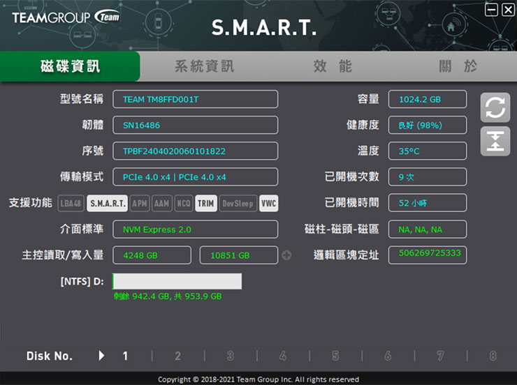 十銓 TEAMGROUP MP44Q M.2 PCIe 4.0 SSD 開箱實測:頂尖效能表現,石墨烯散熱標籤兼顧穩定性! - 阿祥的網路筆記本 S.M.A.R.T. 的磁碟資訊頁還能展開更多詳細規格。