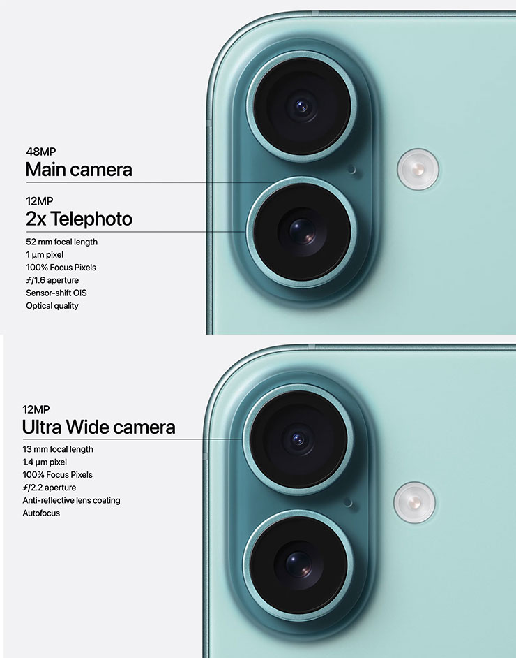 Apple iPhone 16 | iPhone 16 Pro 系列正式推出,升級幅度一如預期,相機控制鍵、 4K120fps 錄影有點料! - 阿祥的網路筆記本 iPhone 16 主相機雙鏡頭規格