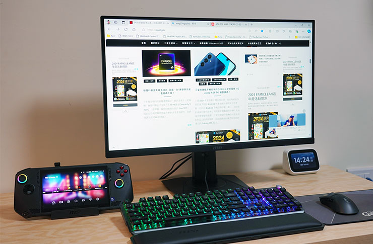 當然，和「龍爪」與「龍巢」搭配的自然也要是 MSI 自家的電競週邊信仰值才夠高，對吧？顯示器的部份是 27 吋的 MAG274Q QD E2 量子點電競顯示器，擁有 WQHD 解析度與 180Hz 的更新率，拿來玩遊戲也是妥妥的，量子點顯色的表現也讓人十分滿意！另外鍵盤是 MSI Vigor GK71 Sonic RED 紅軸電競鍵盤，輕巧的手感讓人一上手就離不開，滑鼠是 MSI Clutch GM31 LIGHTWEIGHT WIRELESS，擁有超輕量化的手感，無線操控還有專屬充電座！整套搭下來，提供了與一般桌機相同優異的使用體驗！