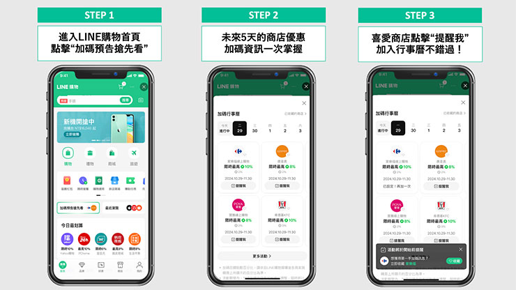 LINE 購物今年也特別推出「個人化加碼行事曆」，用戶可提前查看未來 5 日的加碼優惠，並連動行事曆提醒，搶先掌握最佳購物時機。