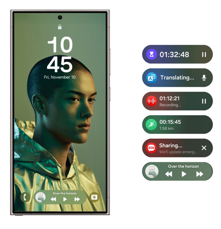 One UI 7 導入Now Bar設計，用以突顯翻譯助理、音樂、語音錄製、碼表等功能的相關活動。