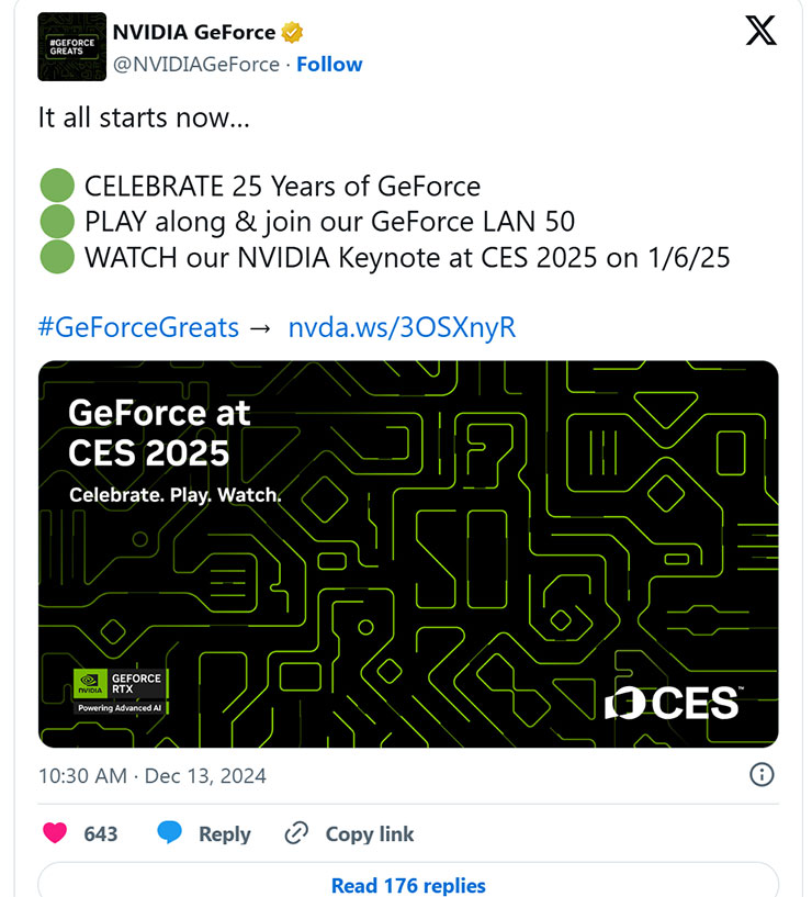 NVIDIA 官方的推特貼文暗似 RTX 50 系列將於 CES 2025 登場