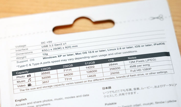 包裝背面可看到產品其他規格參數，以及對應容量版本不同檔案的參考儲存量。