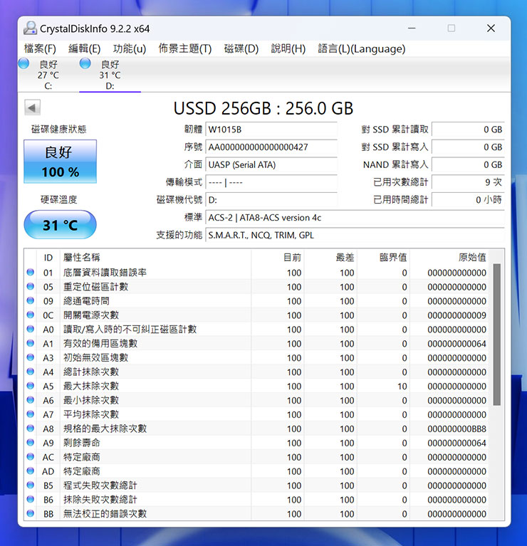 透過 CrystalDiskInfo 查看 TEAMGROUP X1 MAX 的硬體資訊。