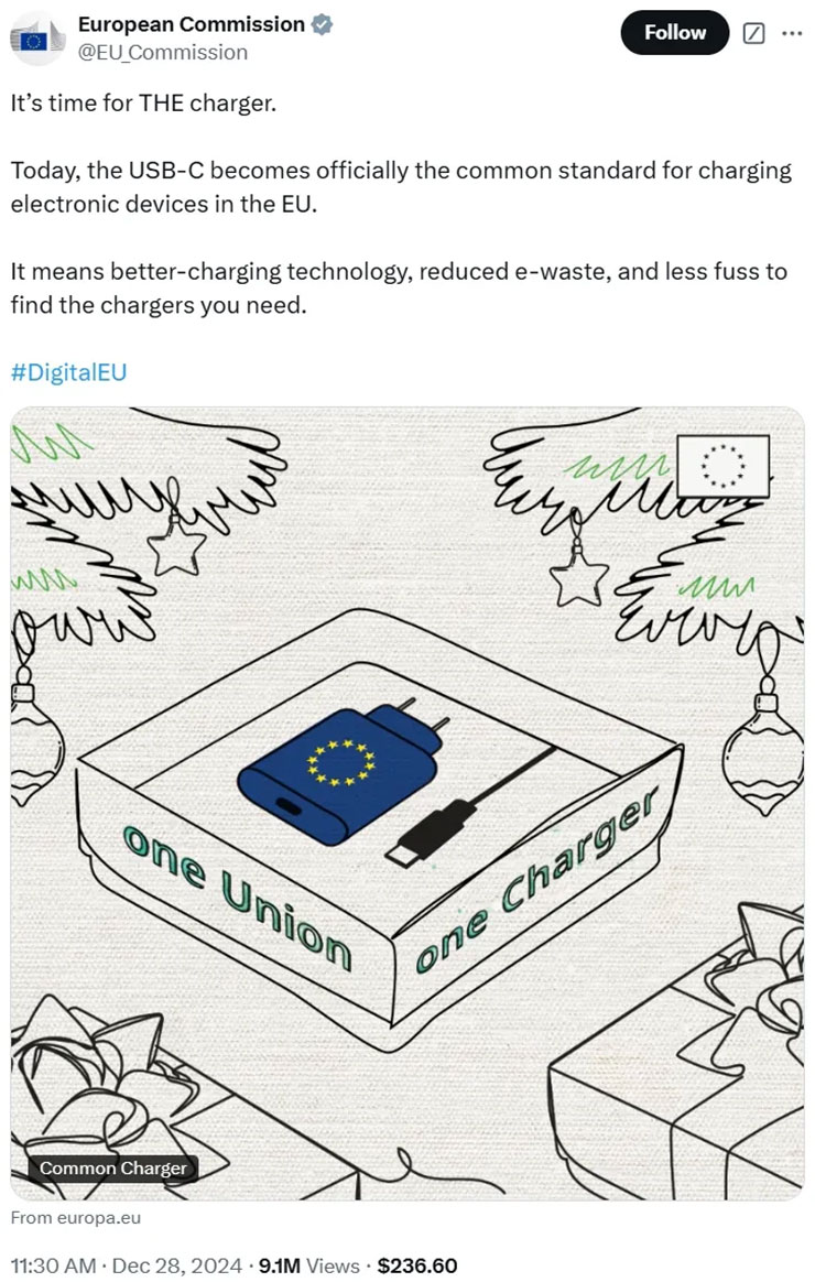 歐盟的推特貼文，宣告了 USB-C 統一充電規格時代的來臨