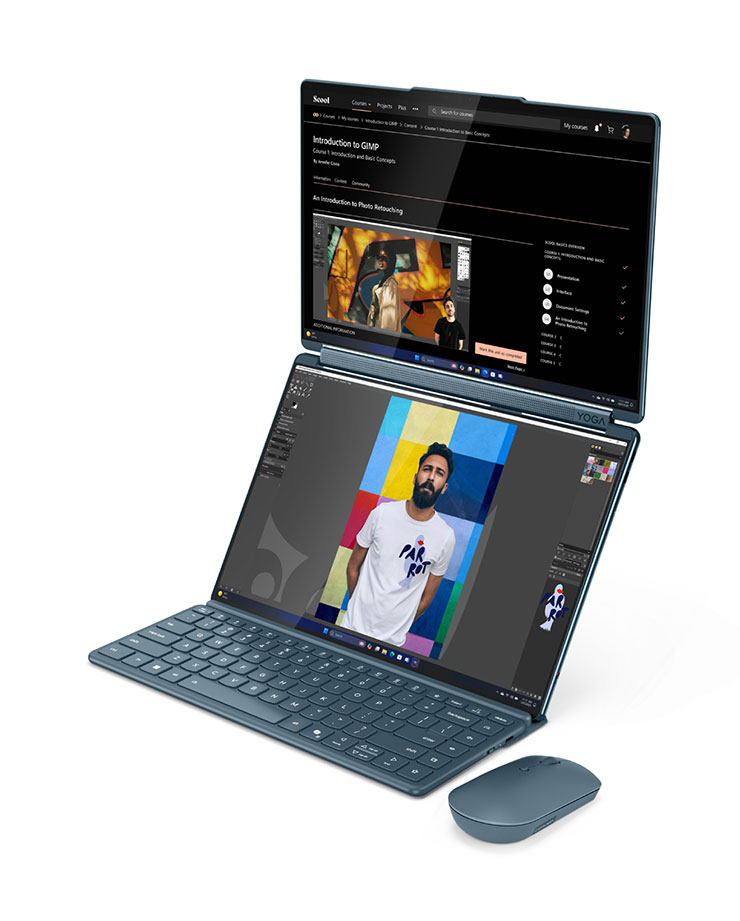 Yoga Book 9i搭載OLED雙螢幕翻轉設計，結合各式內建AI工具，化身可隨身攜帶的創意工作室