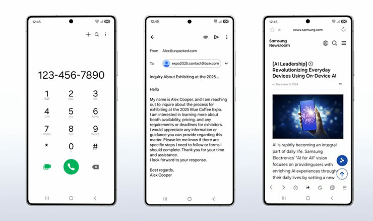 Galaxy AI 也能理解畫面上的文字內容，像是電話號碼、e-Mail 與文章的上下文語意，並對應到可執行的動作