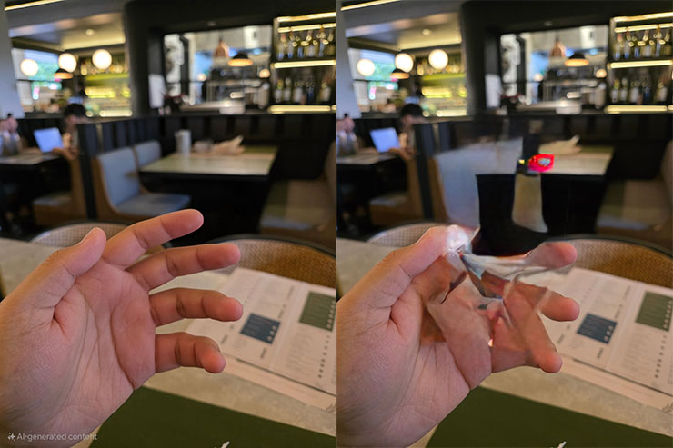 透過物件橡皮擦功能把手機消除掉後再生成背景之後的結果，圖左為 Galaxy S25 的 Galaxy AI，圖右為 iPhone 16 的 Apple Intelligence