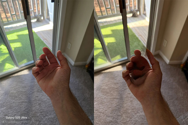 透過物件橡皮擦功能把手機消除掉後再生成背景之後的結果，圖左為 Galaxy S25 的 Galaxy AI，圖右為 iPhone 16 的 Apple Intelligence