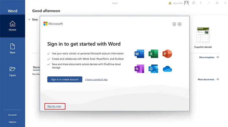 在安裝一般版本 Office 套件時，啟動畫面可透過「暫時略過」跳入下一步