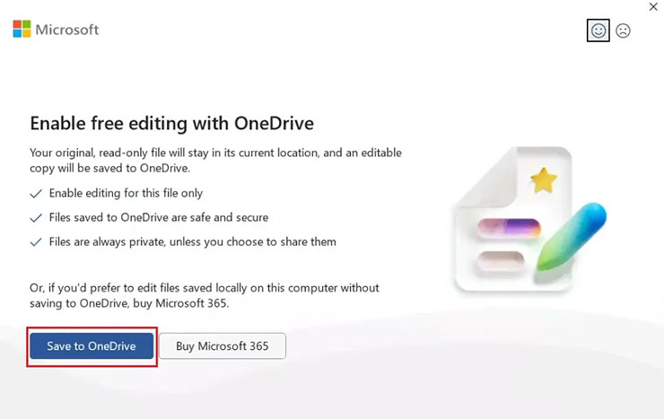 選擇免費版 Office 功能後，選擇檔案保存至 OneDrive 即完成設定