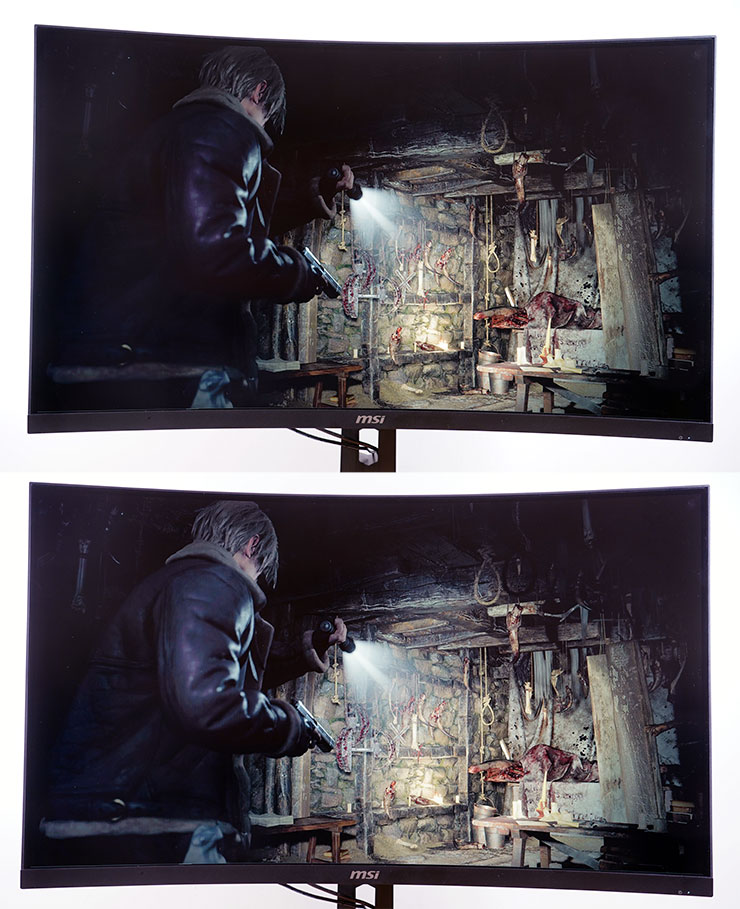 在《惡靈古堡4》中的漆黑場景，上圖為一般模式，下圖為開啟「夜視」至最強的效果。