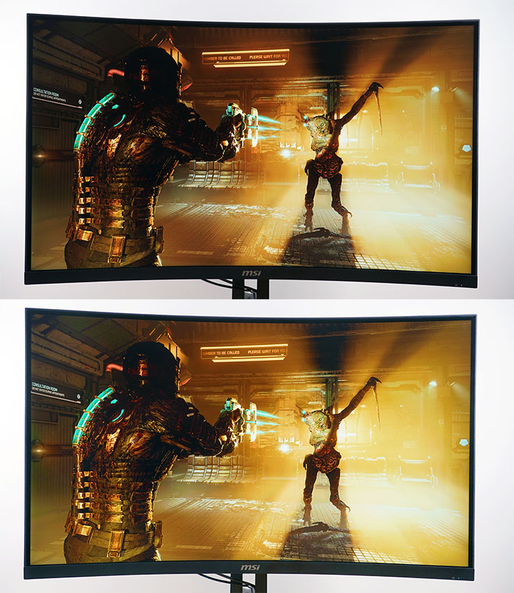 在《絕命異次元》中同樣昏暗、對比強烈的場景，上圖為一般模式，下圖為開啟「AI Vision」功能，可以發現到細節的不同。