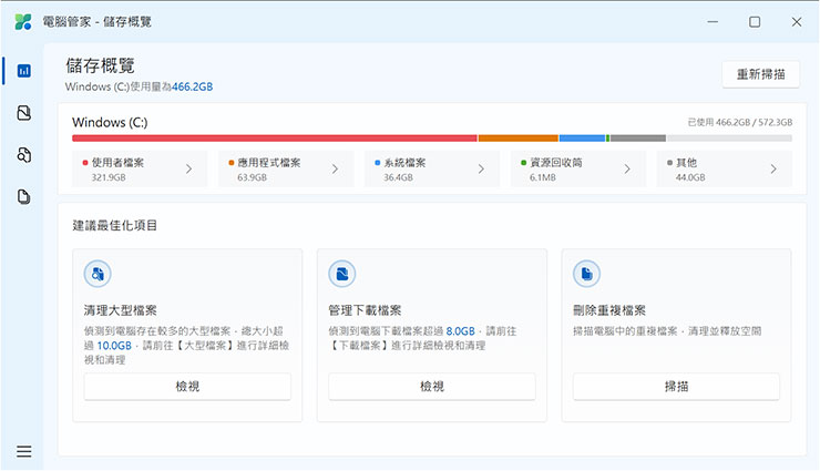 掃描後會出現磁碟的儲存狀況概監，並查看下面可最佳化的項目，我們也可以透過左側的選單切換不同的清除功能