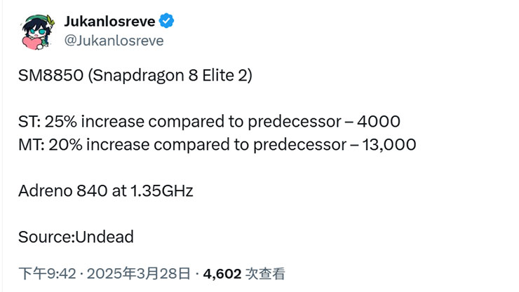 關於 Snapdragon 8 Elite Gen 2 效能表現的爆料貼文