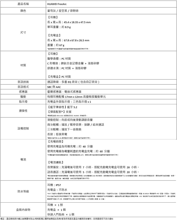 HUAWEI FreeArc 產品規格表