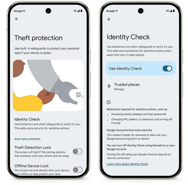 Google Pixel 中的身份驗證選單