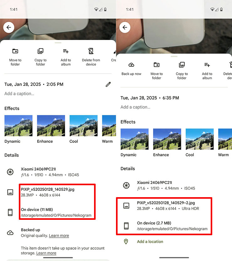 查看照片原檔（左）與 Ultra HDR 編輯後（右）的照片，可以從紅框處看出差異