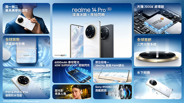 realme 14 Pro首創冰感變色設計，結合「三閃光燈系統」智慧補光與頂級防護，打造全方位卓越使用體驗。