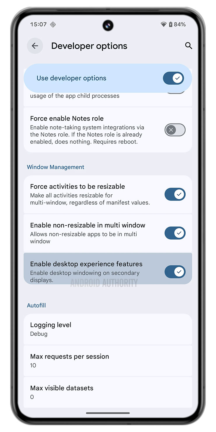 在 Android 16 的 Beta 4 中可以在開開者模式中找到隱巜的「啟用桌面體驗功能」的切換功能。