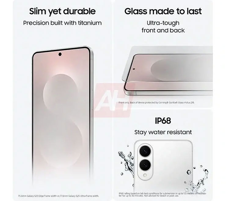 Galaxy S25 Edge 採用鈦合金材質，更強悍的雙面玻璃，也支援 IP68 防水防塵