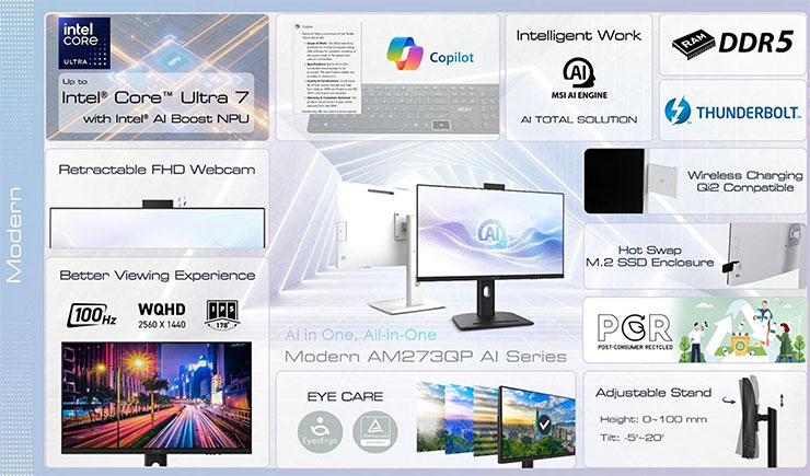 MSI 電競顯示器全面導入 AI 技術,完美防護面板、優化設定全自動~桌機產品整合 Edge AI 實現完美體驗! - 阿祥的網路筆記本 Modern AM273QP AI 系列產品特色一覽