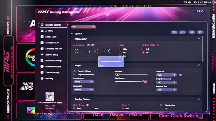 COMPUTEX 2025:微星全線新品全公開!6 大亮點一次看! - 阿祥的網路筆記本 這款顯示器也支援 AI Menu 功能,也能設定不同情境下自動切換 Dual Mode 雙顯示模式的不同解析度與更新率組合。