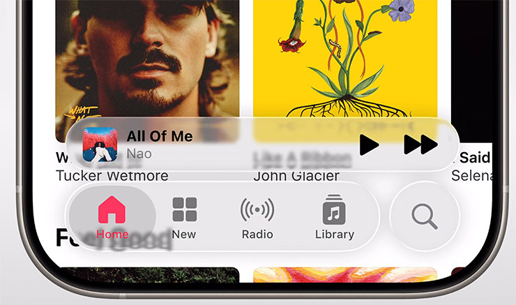 Liquid Glass 介面的半透明效果能依背景不同而變化，上下滑動頁面時，介面也會縮放以符合當下的使用需求