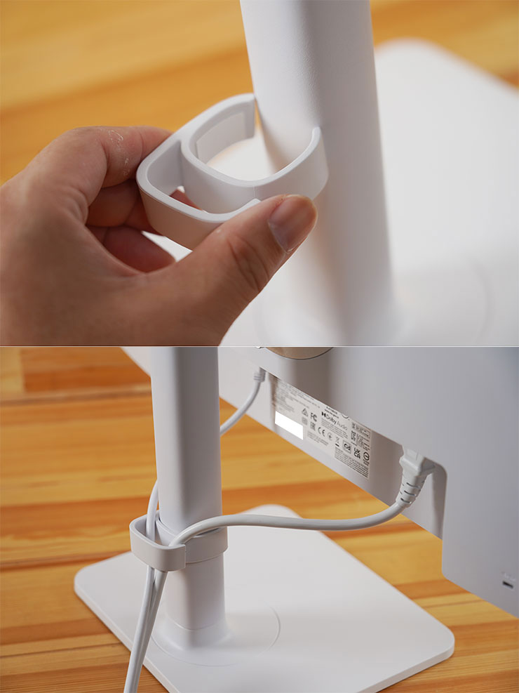 MSI Modern MD272UPSW 開箱實測:一台抵兩台~27 吋 4K 高畫質,內建 Google TV 輕鬆享受串流影音娛樂! - 阿祥的網路筆記本 顯示器也隨附整線扣環,可安裝至支架上,並將電源線、視訊線整理走線方向,看起來會更為清爽。