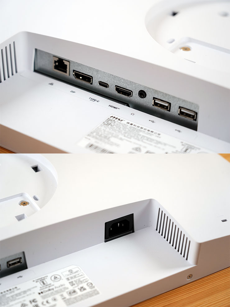 MSI Modern MD272UPSW 開箱實測:一台抵兩台~27 吋 4K 高畫質,內建 Google TV 輕鬆享受串流影音娛樂! - 阿祥的網路筆記本 Modern MD272UPSW 的連結埠位於底座,視訊輸出包括 HDMI 2.1、DisplayPort 1.4a 與 USB Type-C 三種,同時也有 RJ-45 網路接口、3.5mm 音訊輸出與兩組 USB 2.0 埠,可支援連結鍵盤、滑動,直接在內建的 Google TV 系統中使用。此外,這款螢幕也採用內建式供電器,搭配常見的 3 Pin 電源線接口。
