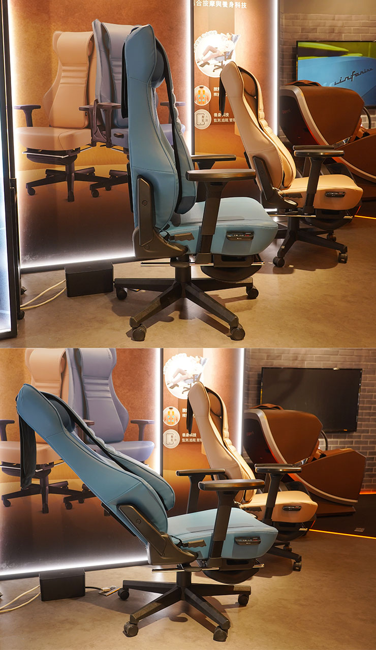 天王工學椅椅背直立（圖上）與傾倒至最低（圖下）的差異，達 140度的範圍使用上更為自由。