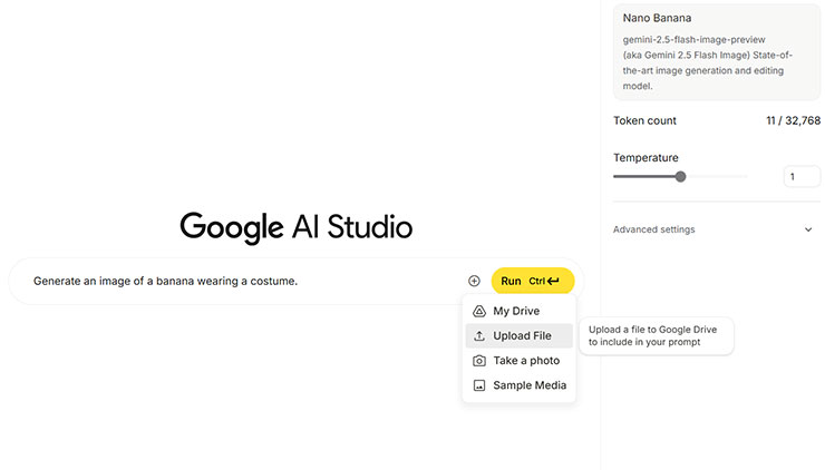 指令列的「加號」可透過 Google 雲端硬碟、電腦直接上傳、相機拍攝或是使樣本媒體來加入影像