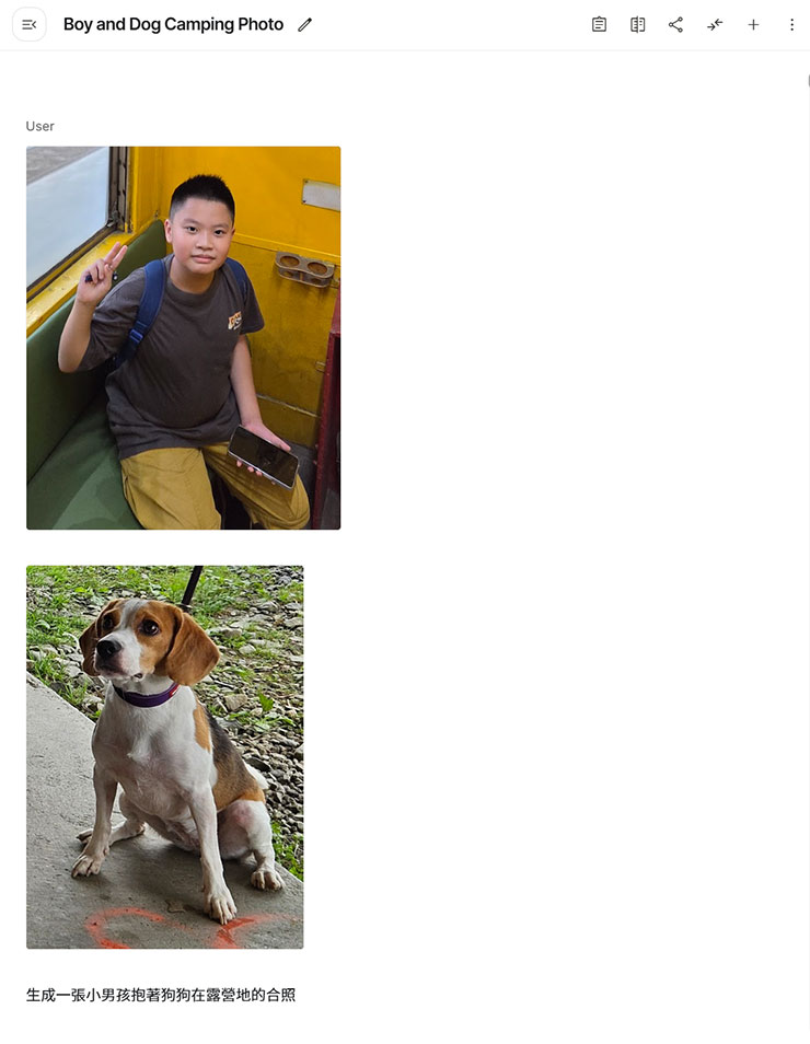 我們試著將兩張照片的人物角色，依照指定的動作與背景呈現出來