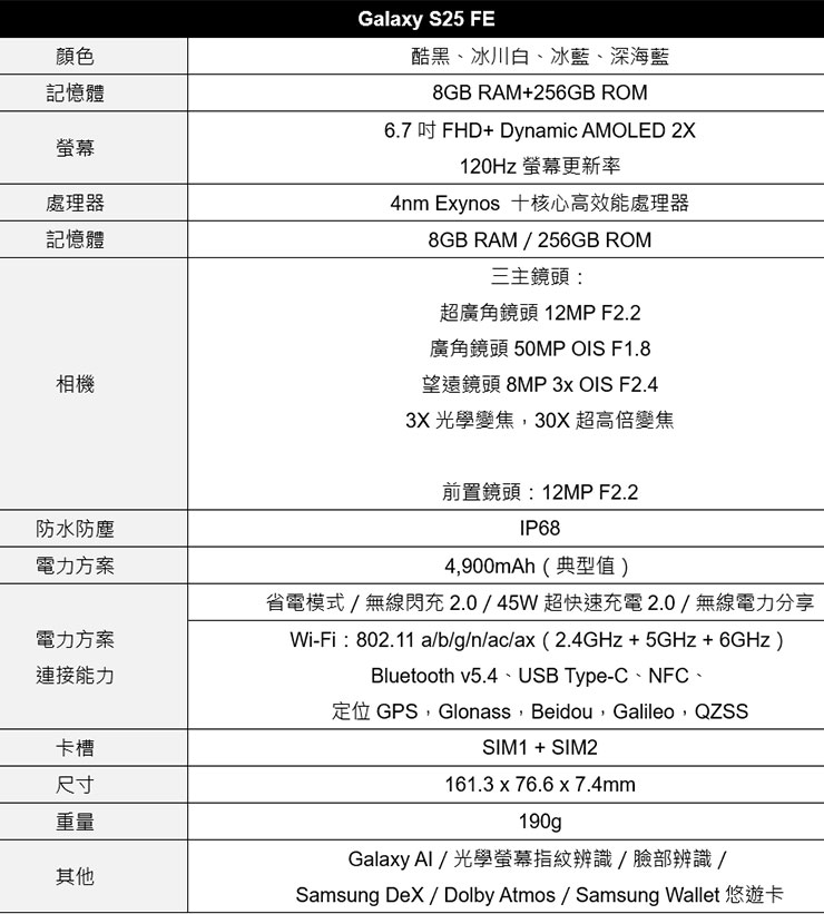 Galaxy S25 FE 產品規格表