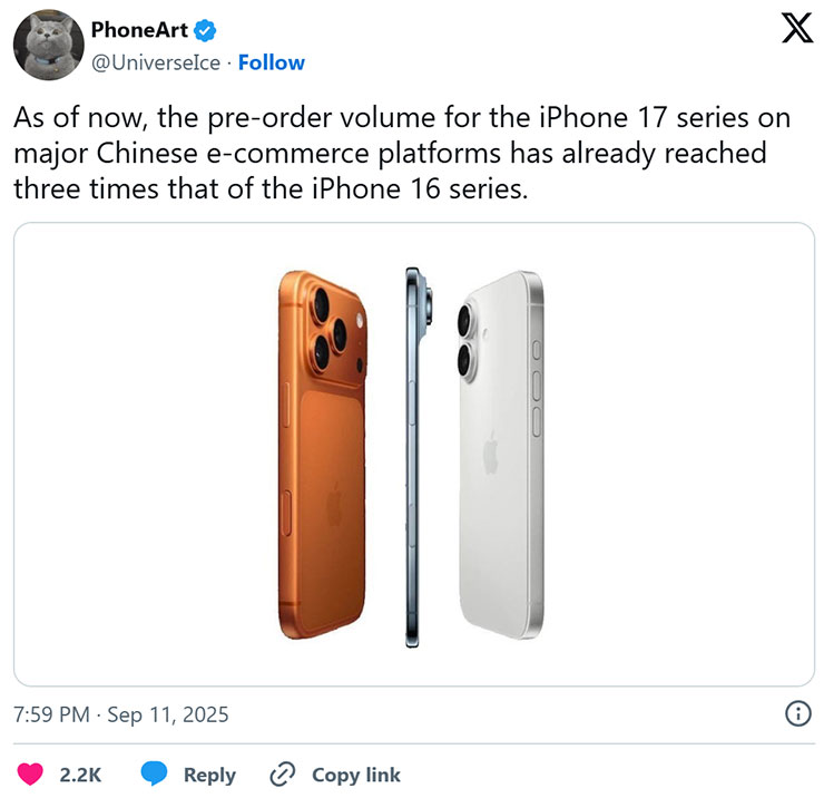 iPhone 17 基本款銷售超出預期,蘋果緊急提升產量 - 阿祥的網路筆記本 知名爆料者 ice Universe 的貼文指出,在中國地區 iPhone 17 基本款的銷售力度強勁