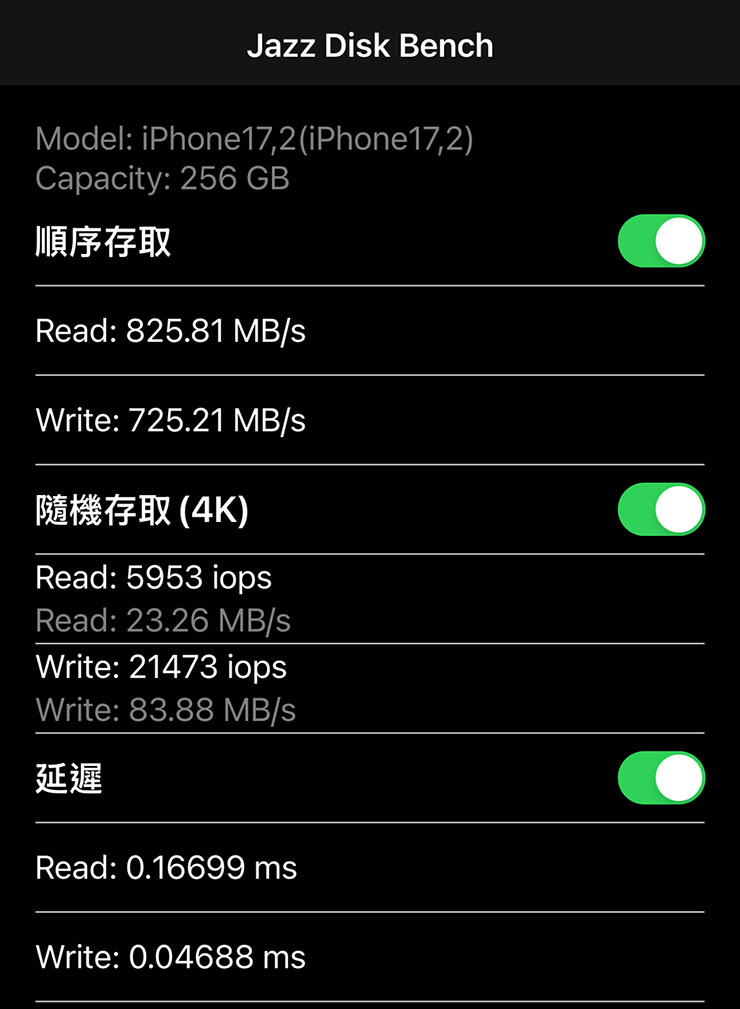 將 X2 MAX 連接至 iPhone 16 Pro Max 並使用 Jazz Disk Bench 實測效能，順序存取的讀取速度可達 825.81 MB/s、寫入可達 725.21 MB/s，效能表現也相當出色。