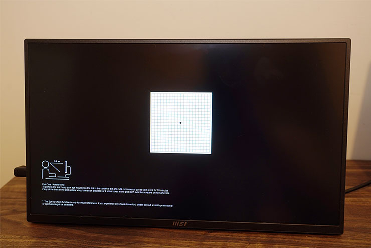 MSI PRO MP165 E6 便攜顯示器開箱實測:輕薄無負擔,輕鬆升級行動雙螢幕環境! - 阿祥的網路筆記本 OSD 中也提供「Eye-Q 檢測」功能,偍供多個視力健康與坐姿檢測機制,讓使用者能能隨時啟動確認一下自己的視力狀態。